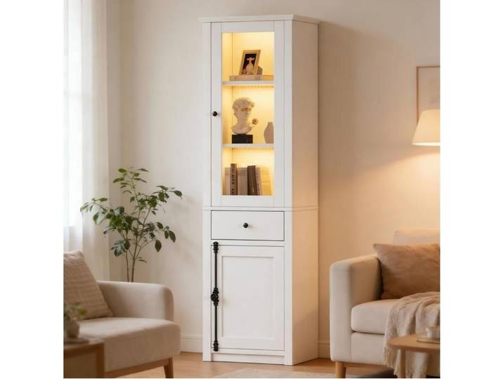 VUENOR Vitrine haute 55 x 40 x 200 cm blanche avec LED 2 portes et 1 tiroir