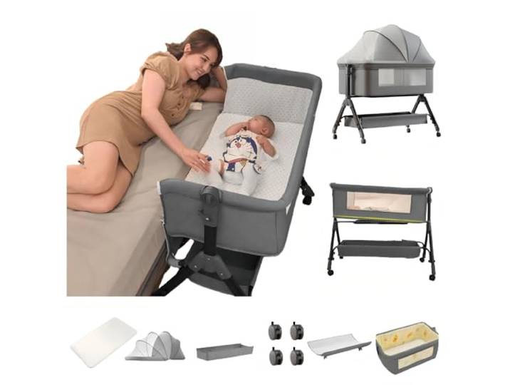 Aveainelle Baby-Beistellbett mit Matratze, Faltbare und Umwandelbare Babywiege, Verstellbare Babywiege, Co-Sleeping-Babybett mit Moskitonetz (Grau)