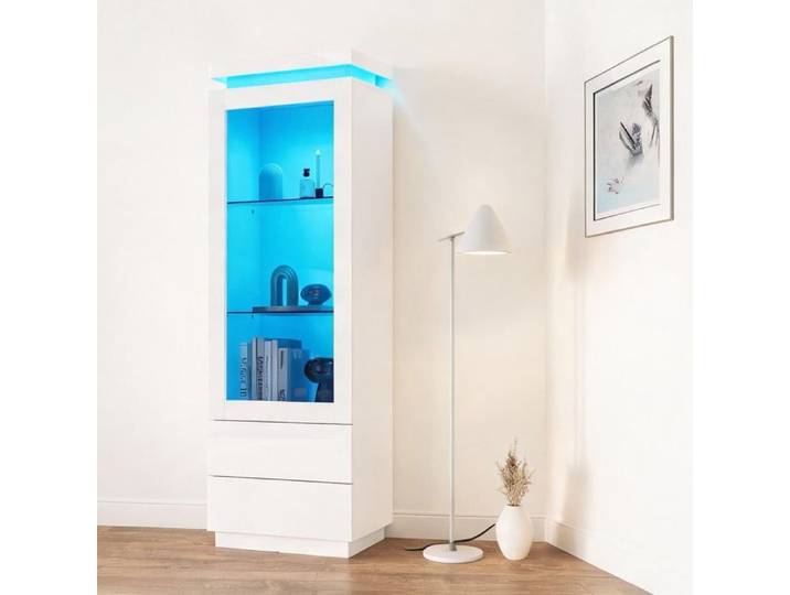 Vitrine haute blanc brillant 60x40x171 cm avec LED 2 tiroirs et portes vitrées