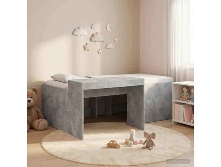 KTHLBRH Hochbett für Kinder mit Schreibtisch Grau Beton Technisches Holz, Lattenrost, 120 kg Tragkraft, einfache Montage