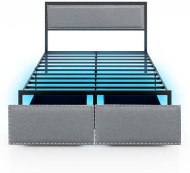 Costway Full/Queen/Twin Size Bed Frame with LED Lights Drawer and Metal Slats-Full Size