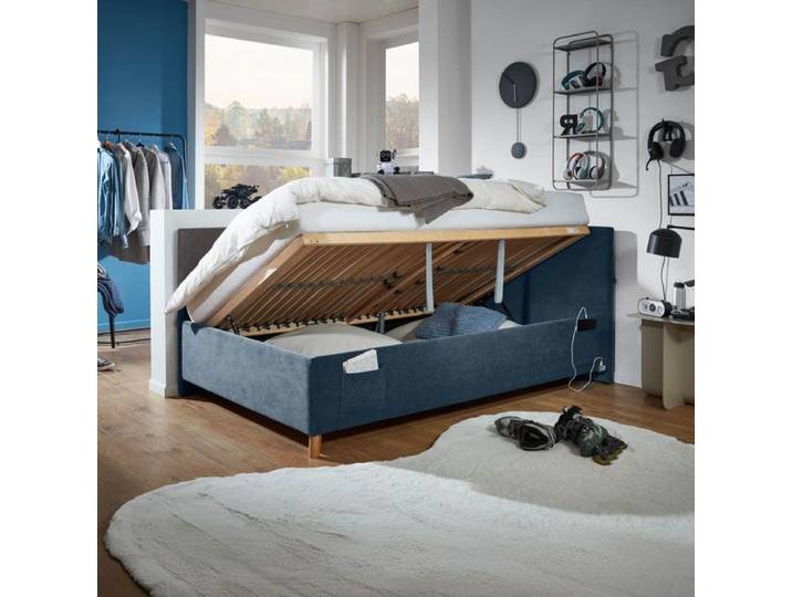 Polsterliege Pauka Komfort Cord mit Lattenrost und Bettkasten Kunstfaser 90x130x210cm Blau skandinavisch