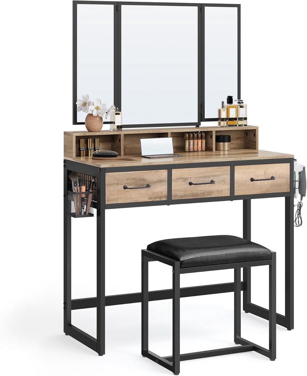Vasagle Make-uptafel met 3 Spiegels en Kruk - Industriële Kaptafel - Bruin/Zwart