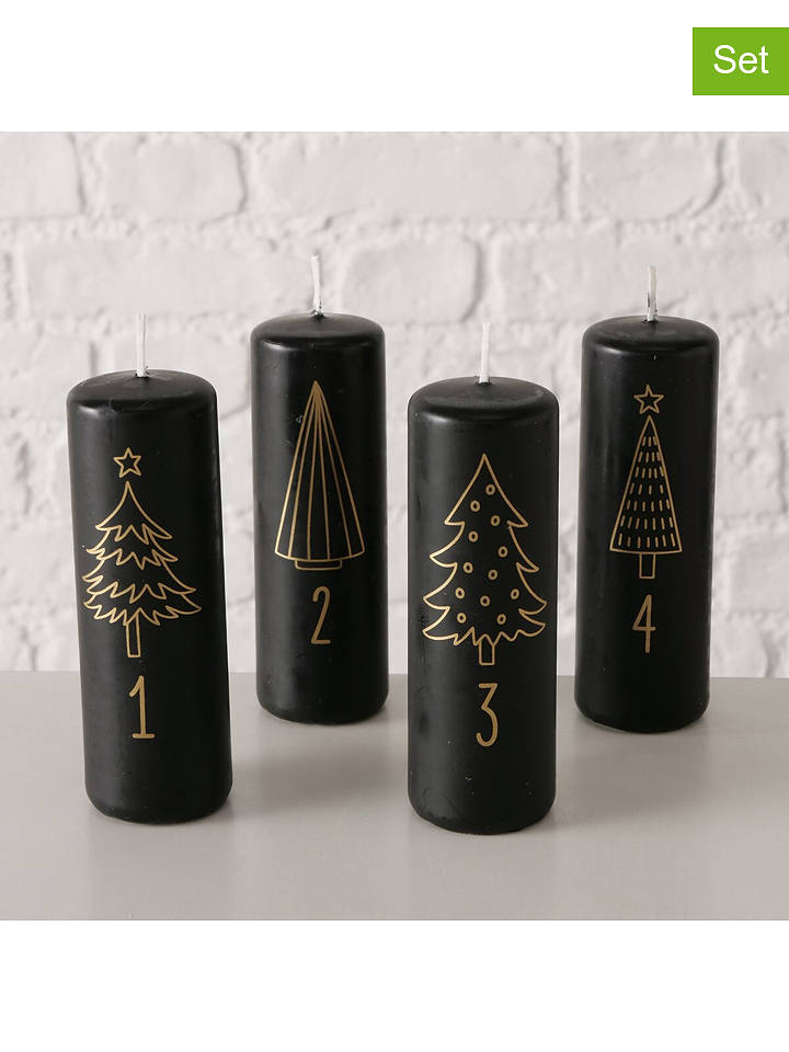 Boltze 4er-Set: Stumpenkerzen "Advent" in Schwarz - (H)12 cm - onesize