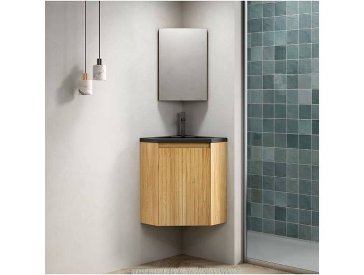 SENVIRO meuble sous vasque d angle suspendu 54 5 x 38 5 x 52 4 cm vasque integree en resine noire mate 1 porte premonte