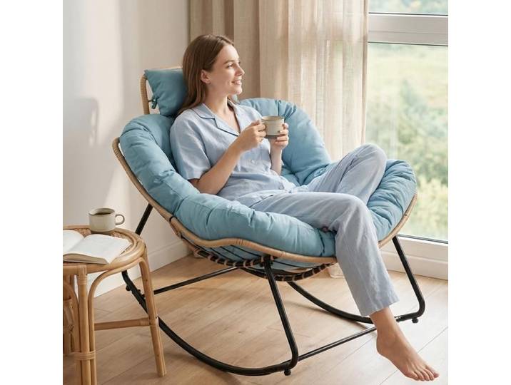 Fauteuil à bascule œuf - Fauteuil de balcon - Assise large - Rotin PVC - Fauteuil détente jardin - Bleu ciel