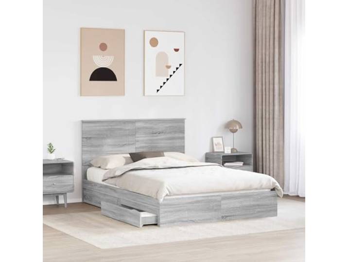 SKTQYQO Boxspringbett Grau Sonoma 160 x 200 cm Holzkonstruktion, 2 integrierte Schubladen, Lattenrost, Kopfteil inklusive, leicht zu reinigen
