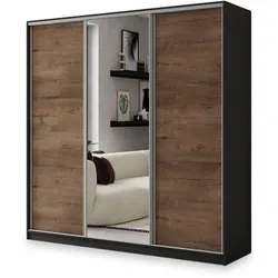 SCHWEBETÜRENSCHRANK SORE 200/205/58 cm 3-türig mit Spiegel und 4 Schubladen Schwarz