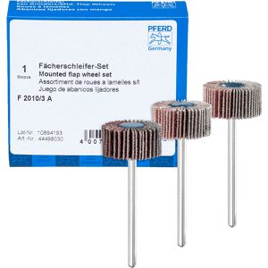 PFERD-TOOLS Fächerschleifer SET F 2010/3 A, Set, Schaft-Ø 3 mm, Körnung 80-180, Außen-Ø 20 mm, für Edelstahl, Stahl, 3-teilig