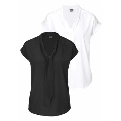 Schluppenbluse BRUNO BANANI, Damen, Gr. 40, schwarz-weiß (schwarz und wollweiß (aus recyceltem polyester)), Web, Obermaterial: 100% Polyester, clean, gepflegt, unifarben, figurumspielend hüftlang, abgestepptes Bündchen, Blusen Schluppenbluse, 2er...