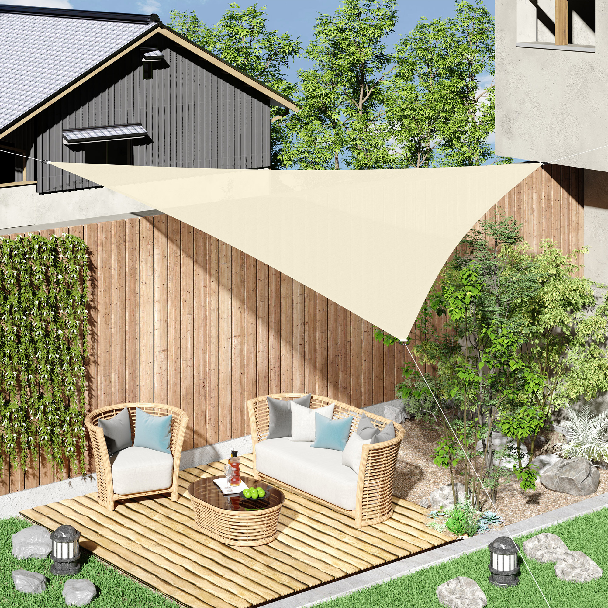 Outsunny Tenda a Vela Triangolare Parasole in HDPE per Spazi Esterni, 3x3x3 m, Crema Bianco Avorio Aosom
