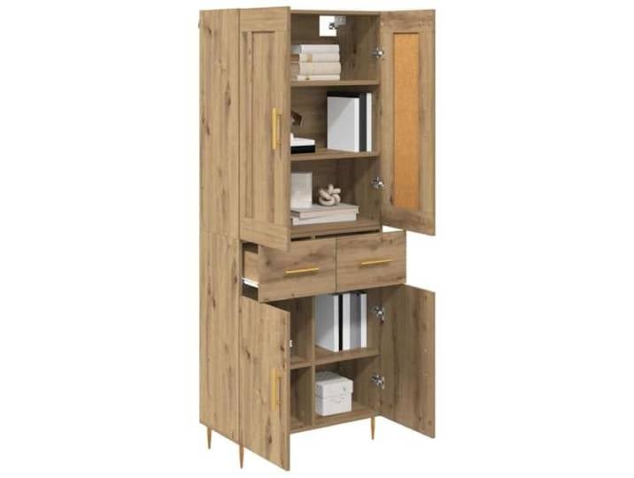 KTHLBRH Highboard Eiche 69,5 x 34 x 180 cm mit Griffen Stange Technisches Holz, funktionale Regale, goldene Akzente, Wohnzimmerschrank