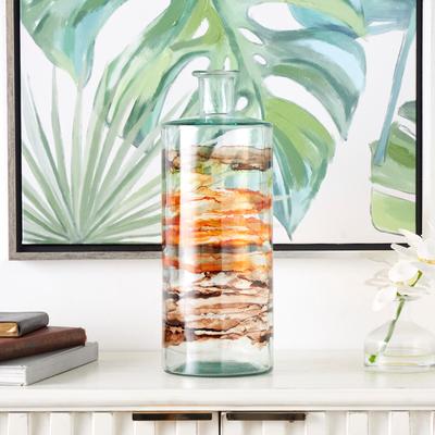 ARCILLA ELEMENTAL Clear Recycled Glass Abstract Spanish Bottle Vase with Swirled Colored Glass Bands