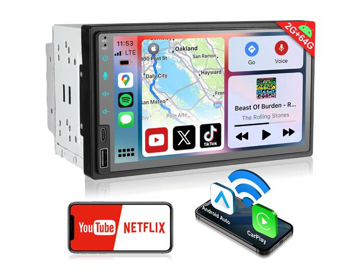 Autoradio Android double DIN avec CarPlay sans fil, autoradio Bluetooth 7 pouces avec écran, autoradio 2 DIN avec écran CarPlay, navigation, WiFi, AM/FM/RDS, AUX/SWC, 2+64G