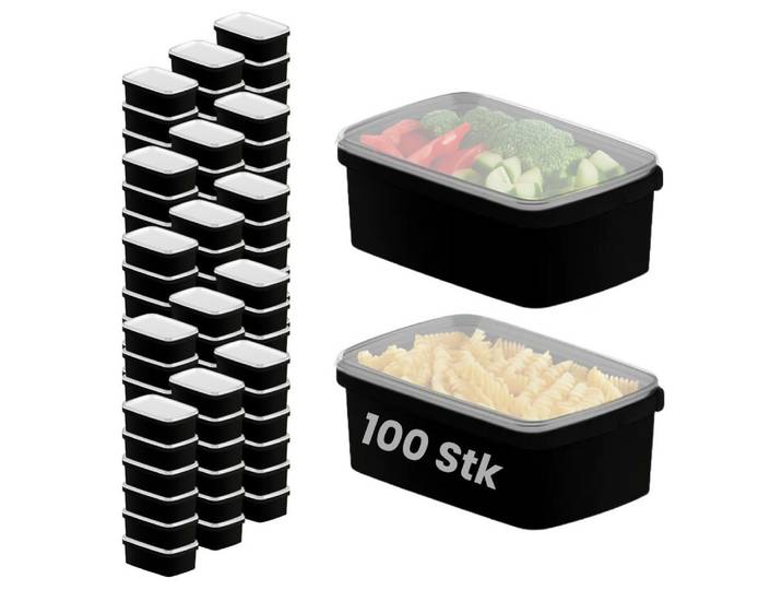 mikken Frischhaltedose 1200ml schwarz - Kunststoffbox Aufbewahrungsdose Plastikdose, (Spar-Set, 100-tlg., 10er-100er Set), Heiß- bis 100 °C und Kaltabfüllung, luftdicht, stapelbar