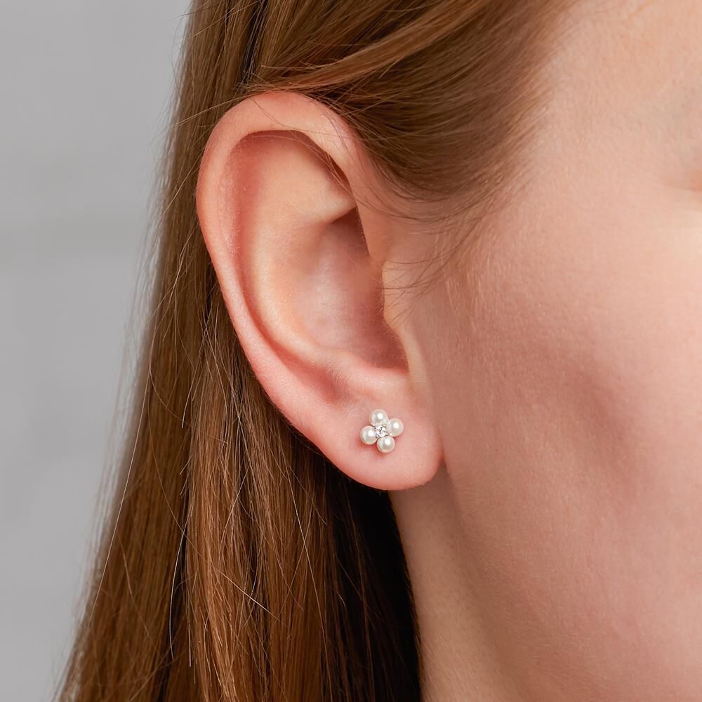 Unique Blüten Ohrstecker aus 925er Silber Zirkonia Perlen silber