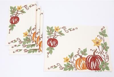 Manor Luxe "Happy Fall Pumpkins Crewel Embroidered Placemats 14""x20"", Set of 4"
