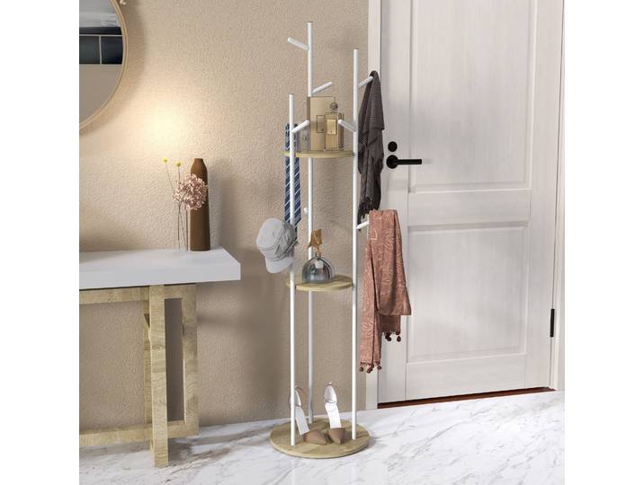 HOMCOM Porte-Manteaux Acier 9 Crochets 2 Étagères Blanc