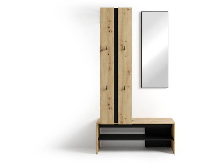 Kompaktgarderobe BYLIVING Dielen - Set Nante , braun (artisan eiche, schwarz), B:100cm H:186cm T:40cm, FSC-zertifizierter Holzwerkstoff, Glas, Kunststoff, Metall, Schränke, Kompaktgarderobe, maximale Ordnung auf wenig Fläche mit Spiegel, Kleiderstange und Haken