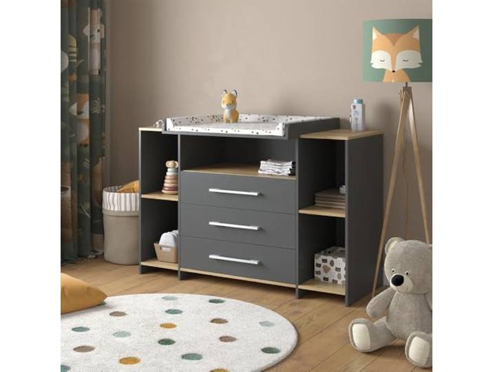 Vicco Wickelkommode Oskar, Anthrazit/Goldkraft Eiche, 143.2 x 93 cm mit 3 Schubladen, geeignet als Wickelstation mit erweiterbarem Ablagebereich
