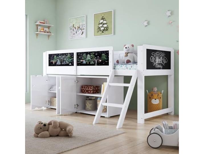 Merax Kinderbett Hochbett 90x200cm, Halbhohes Bett mit doppeltürigen Stauschränken, Kreidetafel, Rausfallschutz, Schrägleiter, Platzsparendes Baumhausbett mit Lattenrost, Stockbett Jugendbett, Weiß