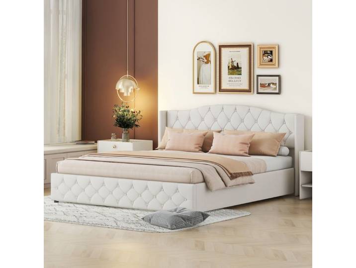 Lit double 180 x 200 avec coffre hydraulique Beige FloraGrace