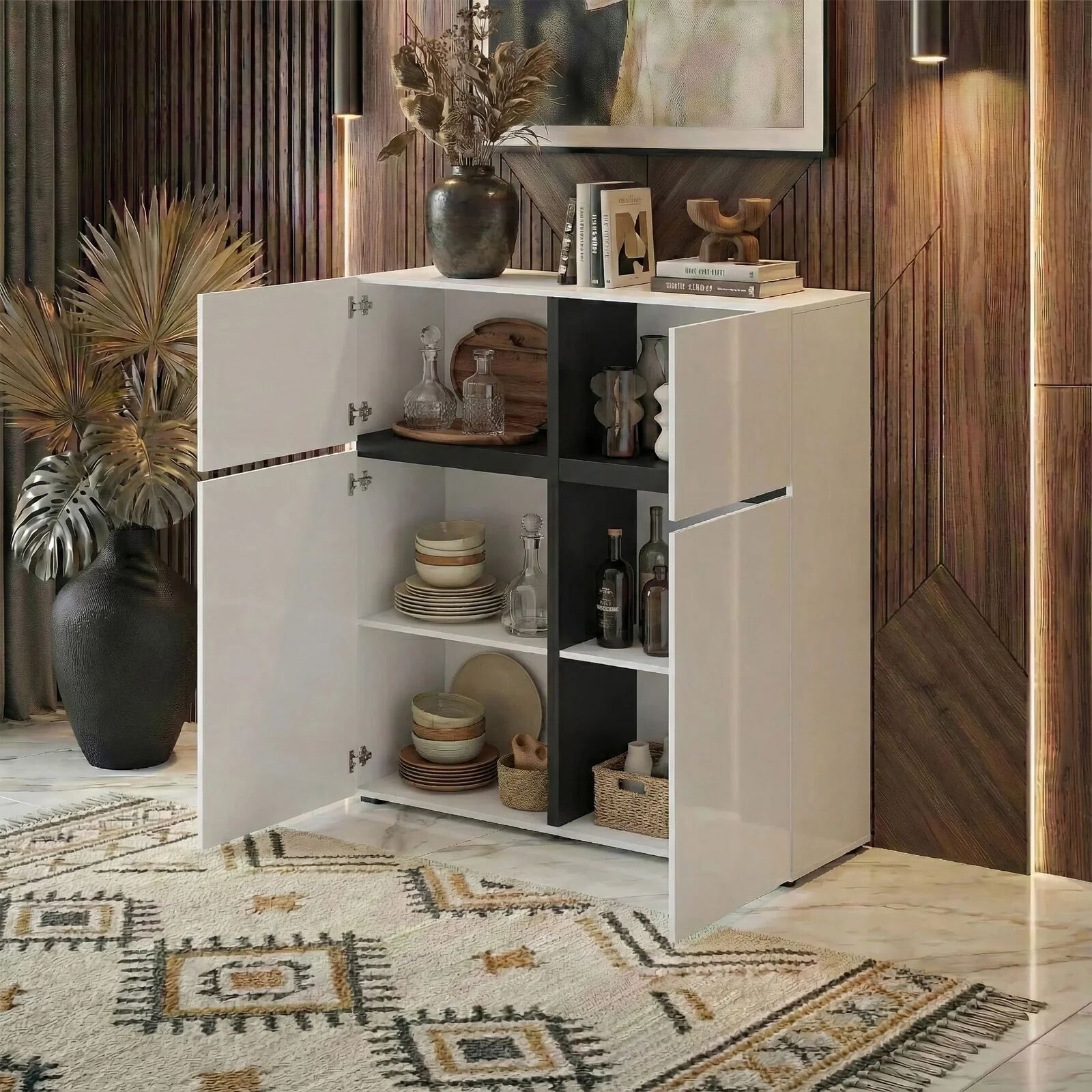 garneroarredamenti Credenza alta 120x139h cm 4 ante moderna bianco opaco nero Lolla