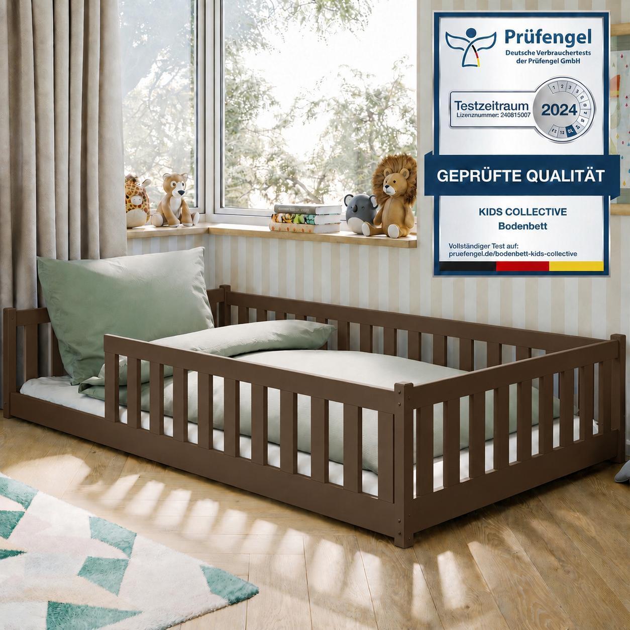 Kinderbett Bodenbett 120x200 cm mit Rausfallschutz, Matratze & Lattenrost Montessori Bett Bed Gitterbett Kinder Jugendbett Einzelbett | Zartbitterschokolade