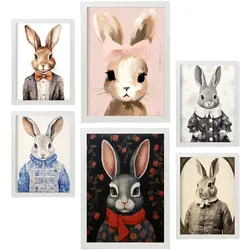 POSTER Set Mit 6 Kaninchen Und Hasen A3 & A4 Weißer Rahmen