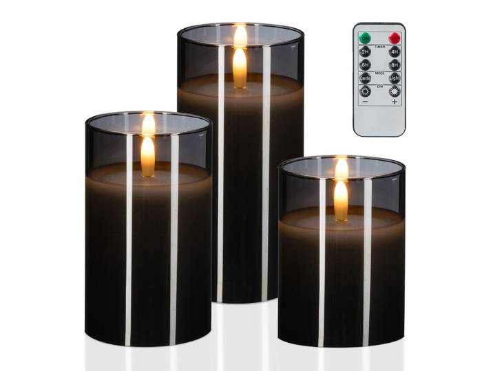 LED Kerzen Glas 3er-Set Weiss-Grau