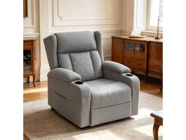 MEULVA Fauteuil relax pivotant 360° gris dossier inclinable et repose-pieds relevable porte-gobelets