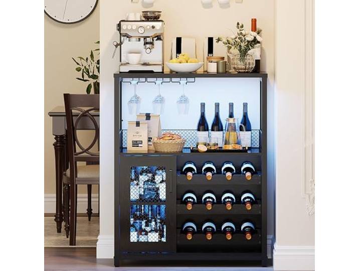 Euker Industrielles Weinregal mit LED-Beleuchtung, 3 Ebenen, Flaschenhalter, Schublade & Glashalter – Barunterschrank für Wohnzimmer oder Bar – Holzmaserung Schwarz mit Licht (EU-Export)