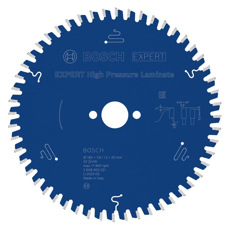 Bosch Professional Zubehör EXPERT High Pressure Laminate Kreissägeblatt, 160x20 mm, T52 (2608902221)