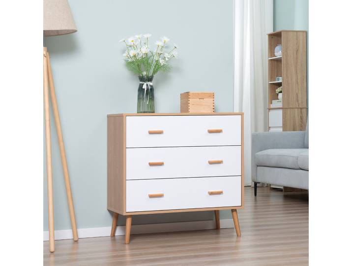 HOMCOM Commode Scandinave 3 Tiroirs Blanc/Bois