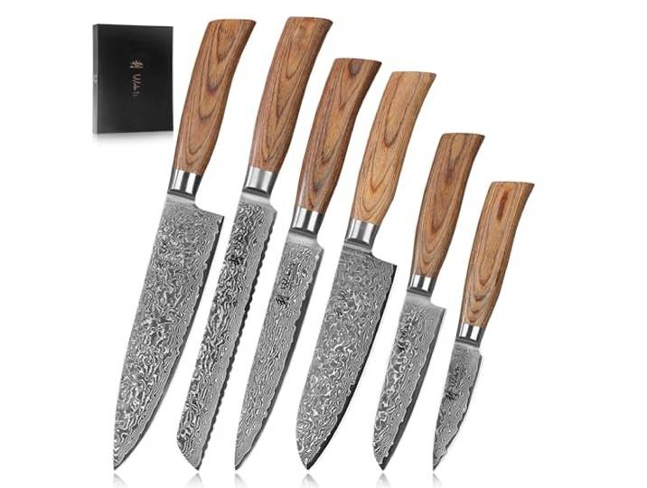 Wakoli EDIB Pro 6-teiliges Messerset aus 67 Lagen Damaststahl mit VG10 Kern Chefmesser, Brotmesser mit Wellenschliff, Fleischmesser, Santoku, kleines Santoku und Officemesser; Pakkaholzgriffe, Holzbox