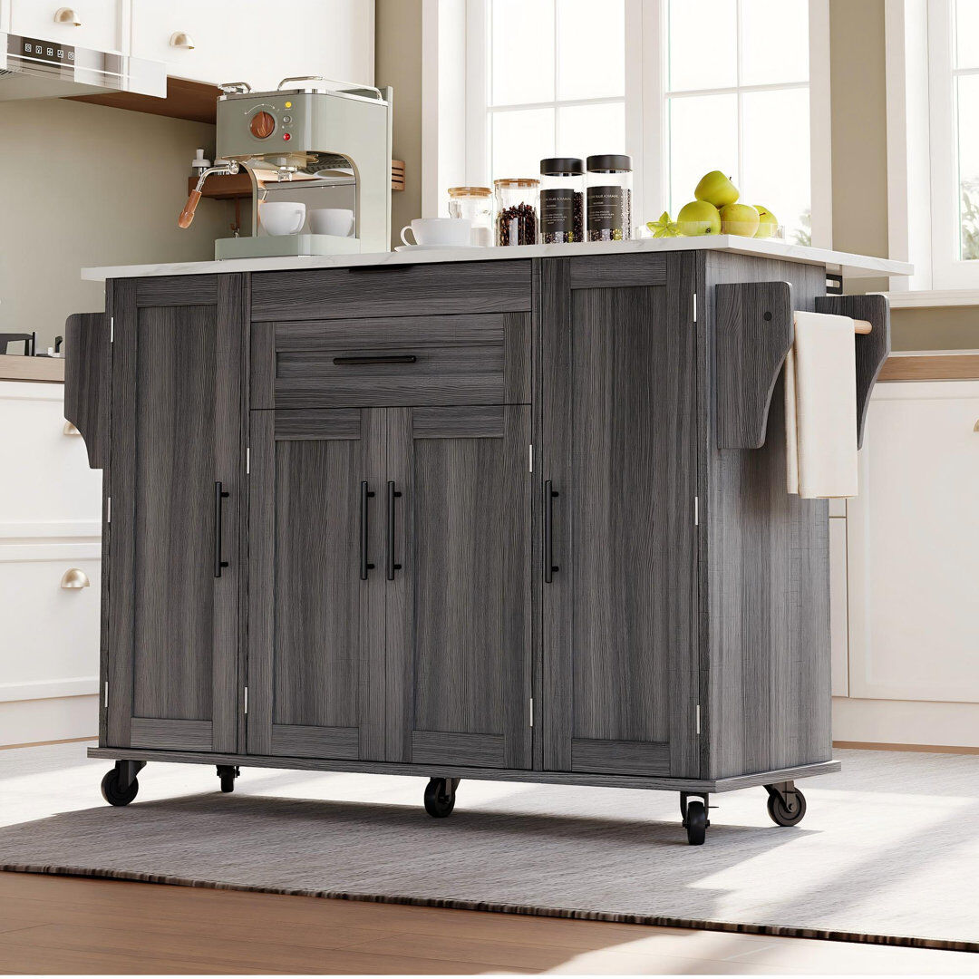 Ebern Designs 136 cm W Kitchen Island with Wheels Grey/White 92cm H X 136cm W X 70cm D