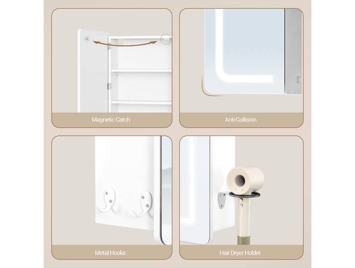 Armoire de salle de bain avec miroir et éclairage, armoire de salle de bain avec miroir, 3 températures de couleur, intensité réglable, armoire de salle de bain avec miroir