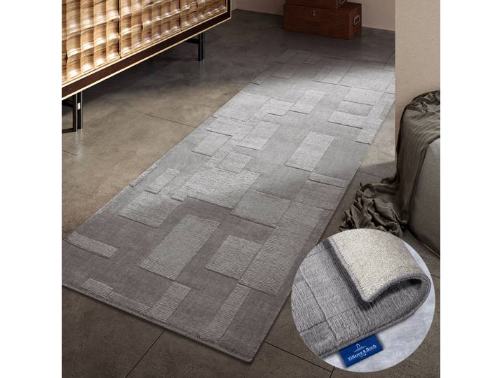 Wollteppich VILLEROY & BOCH Wilhelmine , grau, B:80cm H:10mm L:250cm, Wolle, Teppiche, Wollteppich, Läufer, handgewebt, Wolle, Natur, Wohnzimmer, Geometrie, Boho