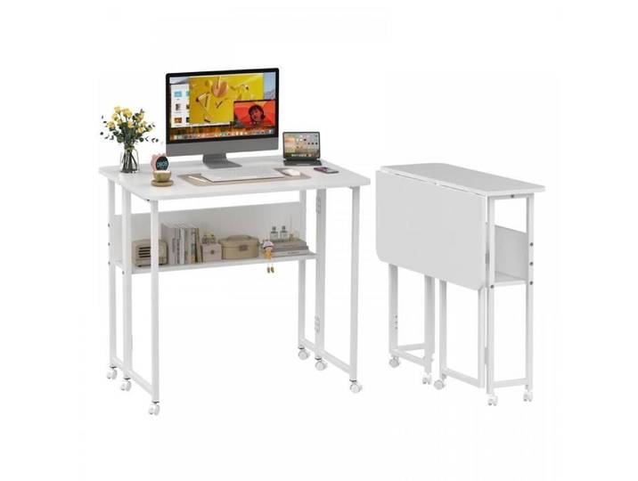 LVHCMFOHM Bureau Pliable avec Roulettes et Étagère de Rangement 80×58×75cm Table de Bureau Multifonction Blanc
