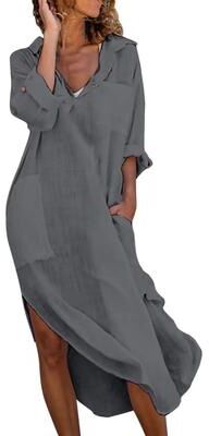 Uplifted Finds Shirt Dress For Women Linen Cotton Clothing Oversized Pure Long Midi Dress xl dark Gray