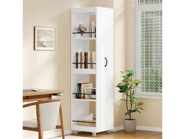 PENQUR Bibliothèque étroite sur roulettes 4 niches 40 x 30 x 160 5 cm MDF blanc