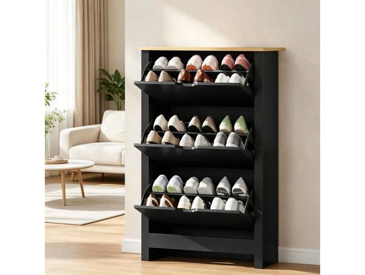 Meuble à Chaussures 3 Tiroirs 72x26x112cm Noir Naturel Armoire à Chaussures Étroite 18 Paires- Étagères Réglables-Style Moderne