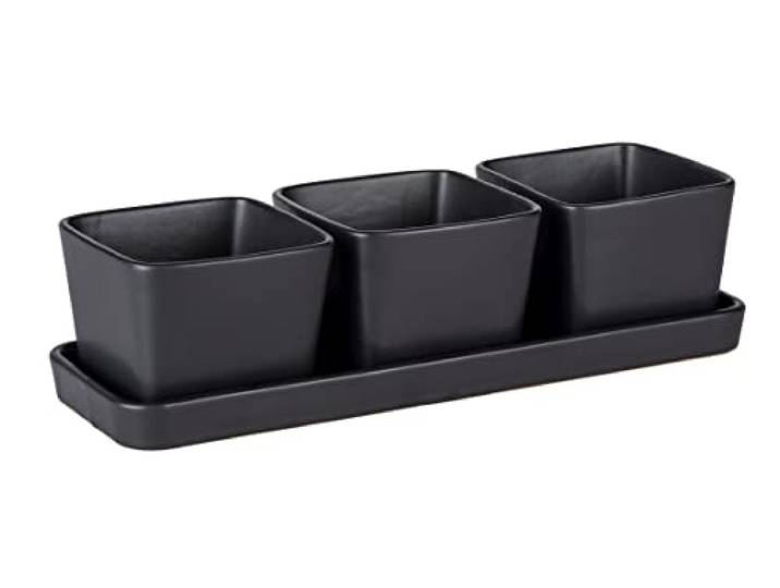 WENKO Kit de bols Snack & Dip\, 4 pièces\, petit plateau avec 3 bols\, contenance de 3 x 300 ml\, céramique haute qualité\, accessoires Black Outdoor Kitchen\, pour tapas et snacks\, 30 x 10 x 8 cm\, noir