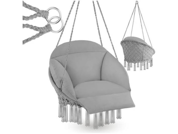 tectake® Hangstoel, Hangende Schommel met Dikke Kussens en Kwastjes, Draagkracht 160kg, Boho Hangmand Ø 80 cm, Hangstoel met Frame voor Tuin, Balkon en Woonkamer, Nestschommel, Outdoor & Indoor, Grijs