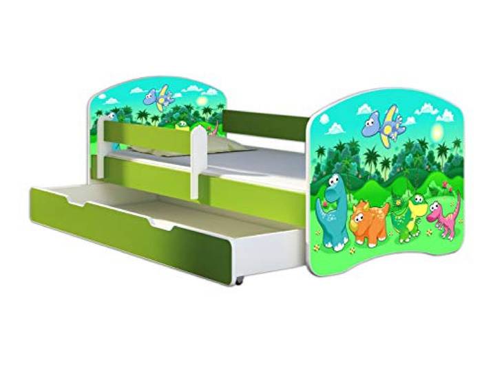 ACMA Kinderbett 140x70 Jugendbett mit Einer Schublade und Matratze, Farbe Grün, Rausfallschutz Lattenrost II Spielbett Kinderzimmer Möbel, 30 Dino