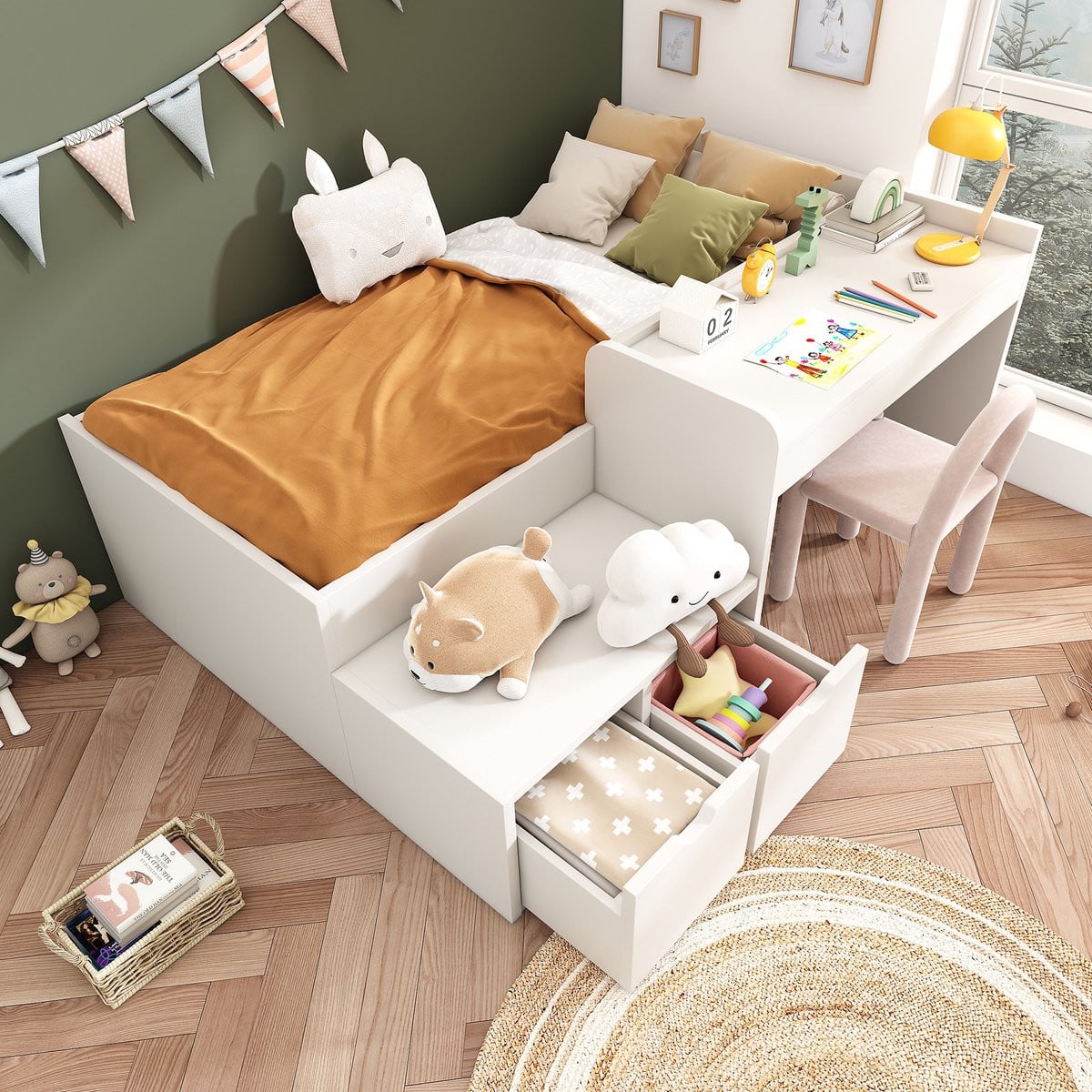 Wit Kinderbed met bureau en lades, 90x200 cm