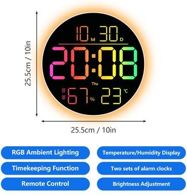 Friendly Fresh Finds RGB LED Wall Clock With Remote Control Digital Wall Clock Display Temperature Date Alarm Timer round Rgb Clock