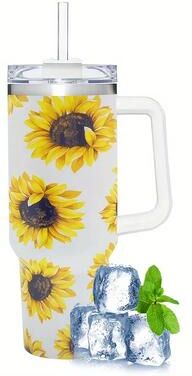 Universal Stock Insulated Stainless Steel Tumbler With Handle & Straw Travel Mug sunflower