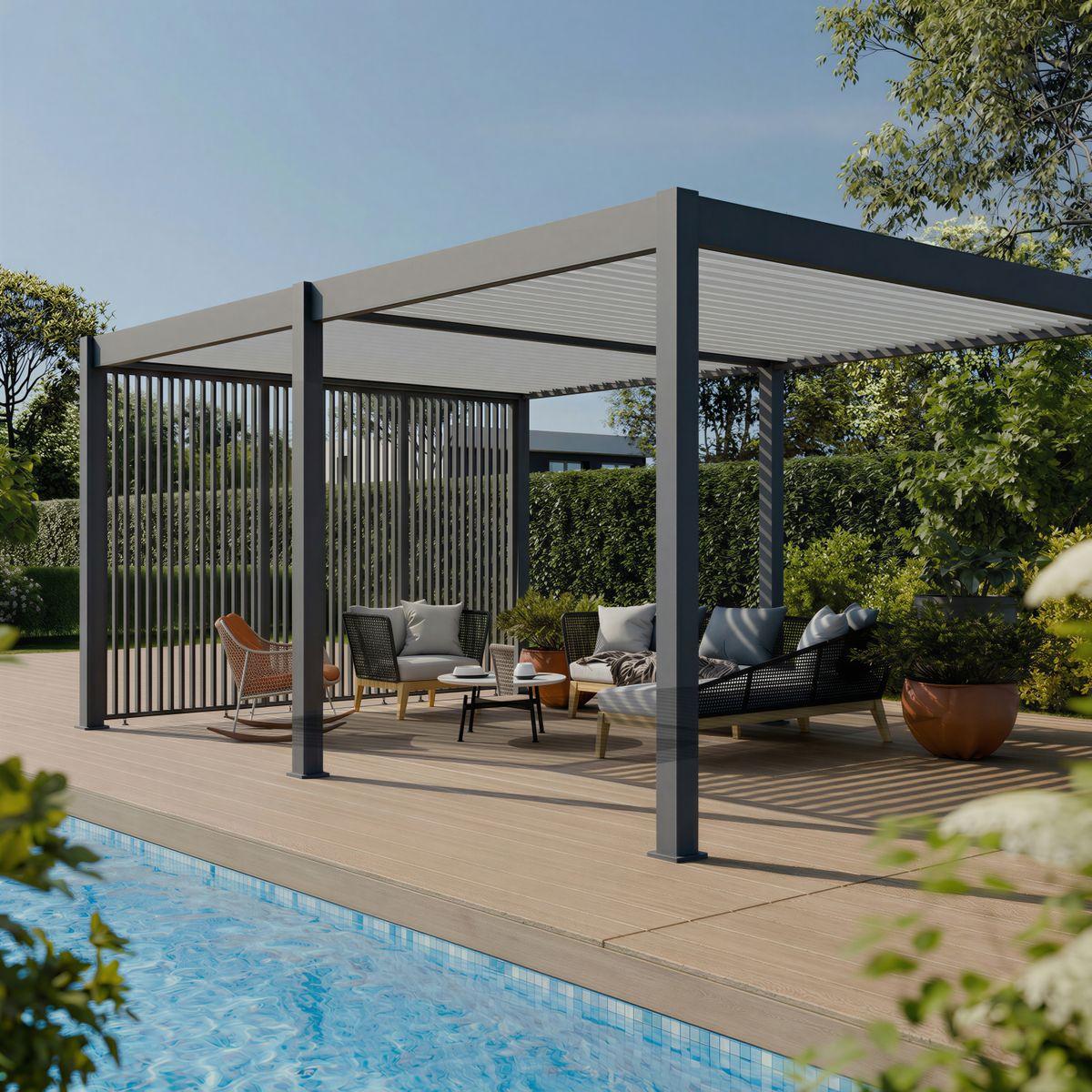 Bioklimatische Aluminium-Pergola, freistehend, mit vertikalen Paneelen - Grau ELIOS, 5,3 × 3,6 m