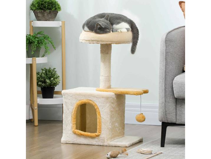 PawHut Arbre à Chats 72cm Bois Sisal Peluche Beige Jaune